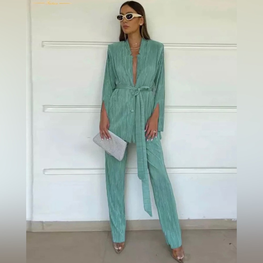 Green Pleated Trosuer Suits Fashion Lace-Up Long Sleeve Blazer 2 Piece Sets